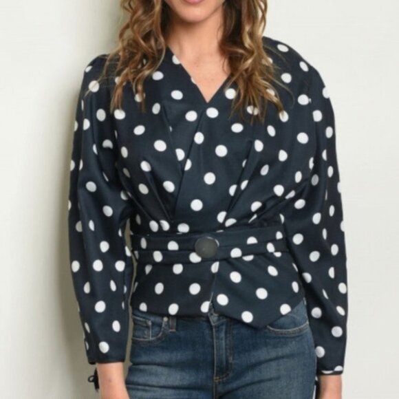 CLARE Polka Dot Top Puffed long sleeve Navy Blue - Picture 3 of 4
